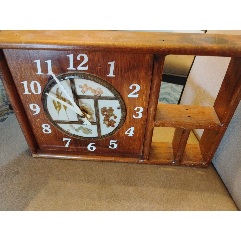 Vintage Wood Wall Clock Shadow Box Shelf Dried Botanical Seeds Farmhouse Decor